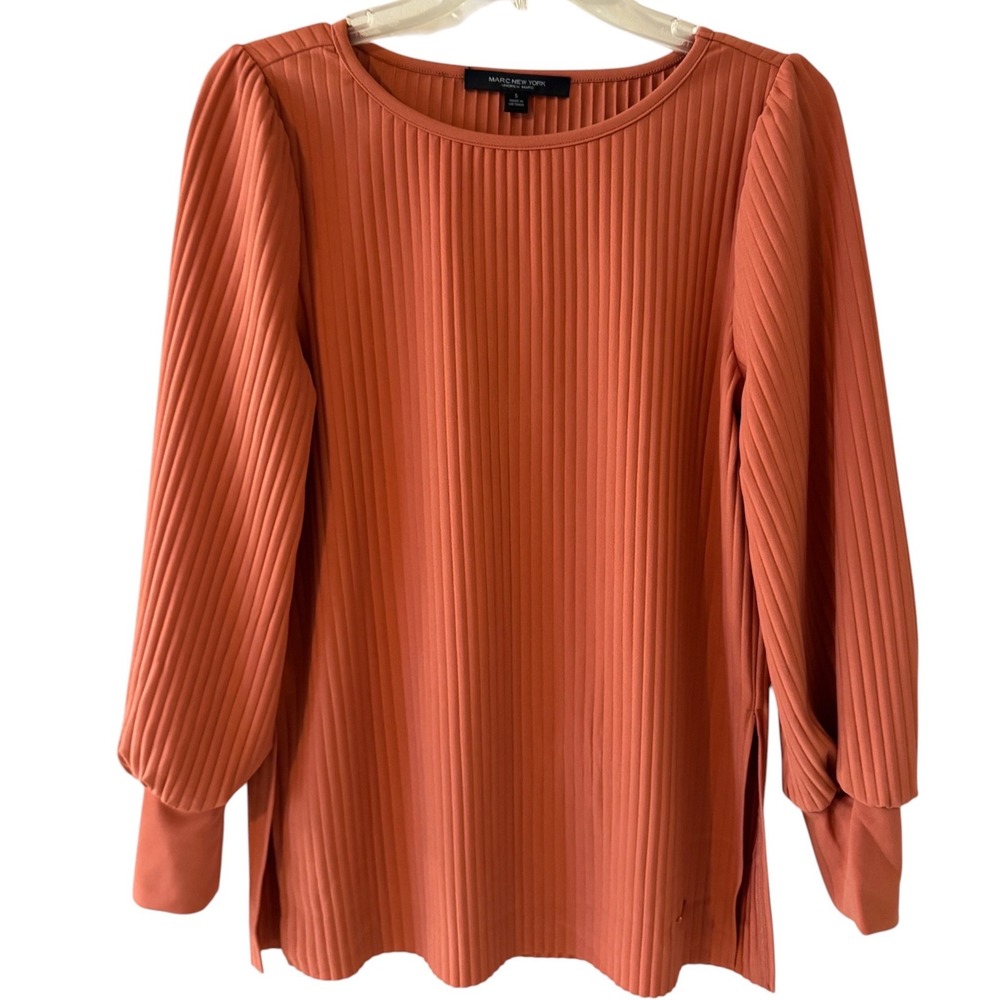 Marc New York Andrew Marc Rust Orange Pleated Balloon Sleeve Tunic Top Small